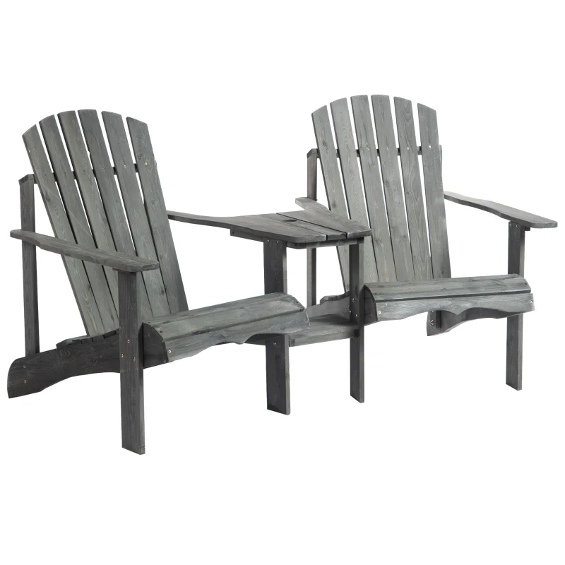 Adirondack Gartenstuhl mit Tisch und Schirmloch 2 Sitzer Gartensessel Sitzgruppe Gartenmöbel für Balkon Massivholz Grau