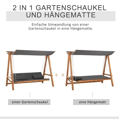 Holz-Hollywoodschaukel mit Bettfunktion 3-Sitzer Gartenschaukel mit Dach Grau+Teak 225,5 x 113 x 180 cm