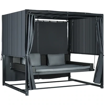 Luxus-Hollywoodschaukel aus PE-Rattan mit Baldachin, inkl. Kissen, wetterbeständig, 235 cm x 180 cm x 210 cm, Grau