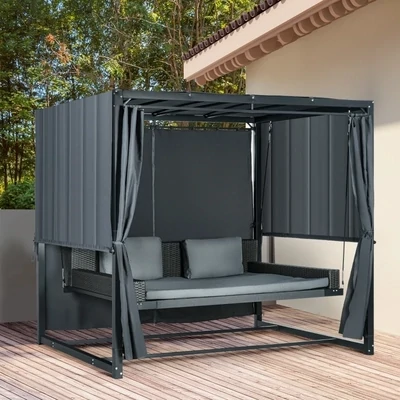 Luxus-Hollywoodschaukel aus PE-Rattan mit Baldachin, inkl. Kissen, wetterbeständig, 235 cm x 180 cm x 210 cm, Grau