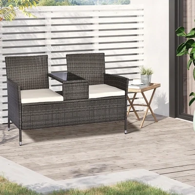 Polyrattan Gartenbank mit Tisch 2-Sitzer Grau