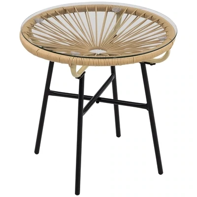 Gartentisch im Boho-Stil, PE-Rattan, gehärtetes Glas, wetterbeständig, 50 cm x 50 cm x 50 cm, Beige