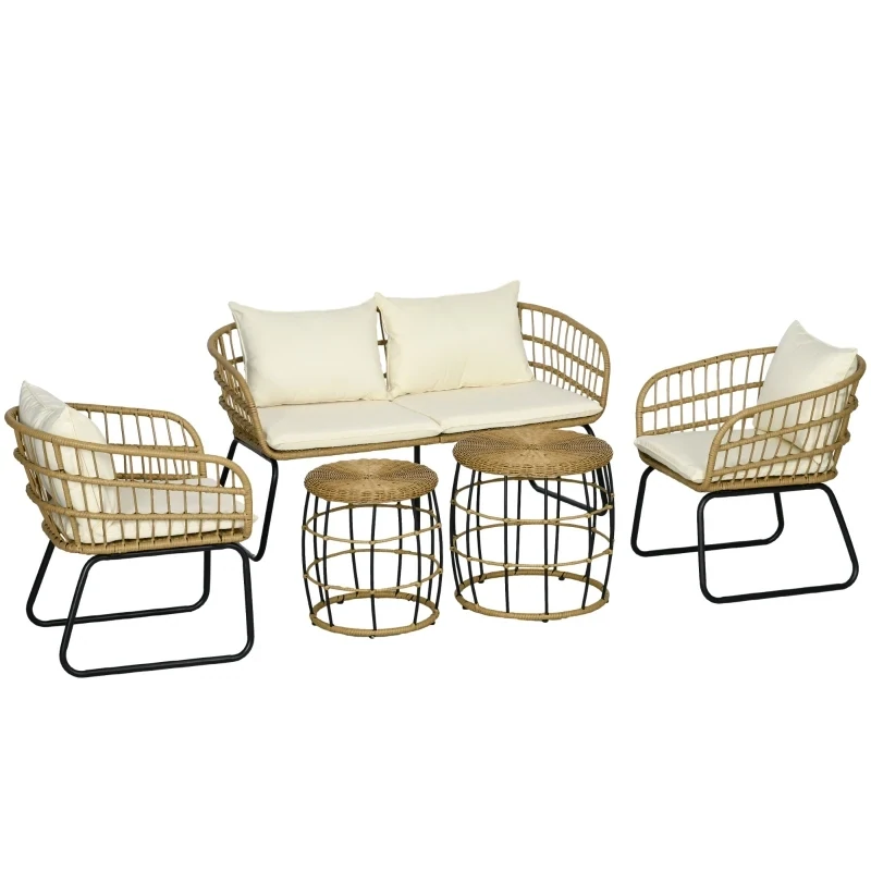 Rattan Lounge-Set Outdoor-Sitzgruppe, Boho-Stil, 5-teilges Set, Creme + Natur + Schwarz