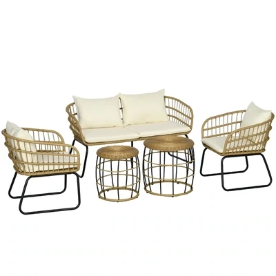 Rattan Lounge-Set Outdoor-Sitzgruppe, Boho-Stil, 5-teilges Set, Creme + Natur + Schwarz