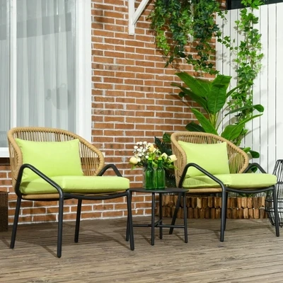 Rattan Terrassengarnitur, 3-teilig, Sitz- und Rückenkissen, Kunstrattan, Metallrahmen, Grün
