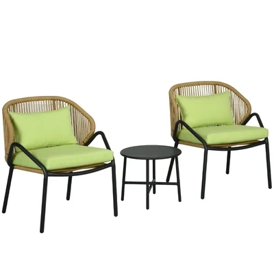Rattan Terrassengarnitur, 3-teilig, Sitz- und Rückenkissen, Kunstrattan, Metallrahmen, Grün