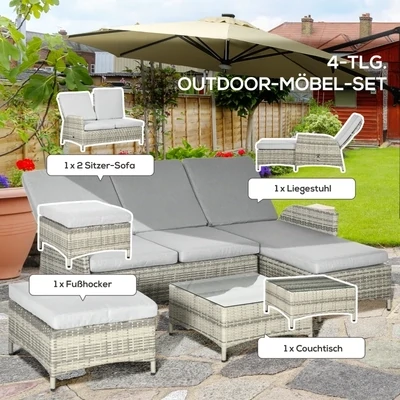 Gartenmöbel-Set für 4 Personen aus PE-Rattan, wetterbeständig, abnehmbare Bezüge Grau