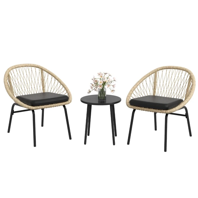 Rattan Terrassengarnitur, Gartenmöbel-Set, 2 Sessel &amp; Tisch, Gelb
