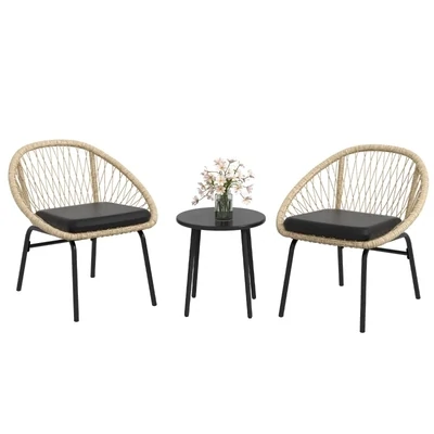 Rattan Terrassengarnitur, Gartenmöbel-Set, 2 Sessel &amp; Tisch, Gelb