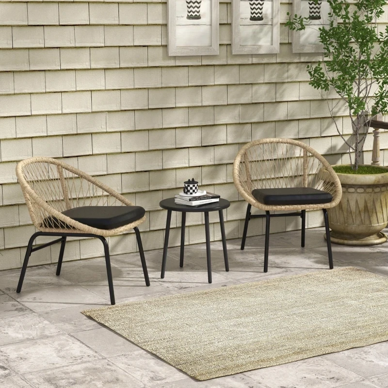 Rattan Terrassengarnitur, Gartenmöbel-Set, 2 Sessel &amp; Tisch, Gelb