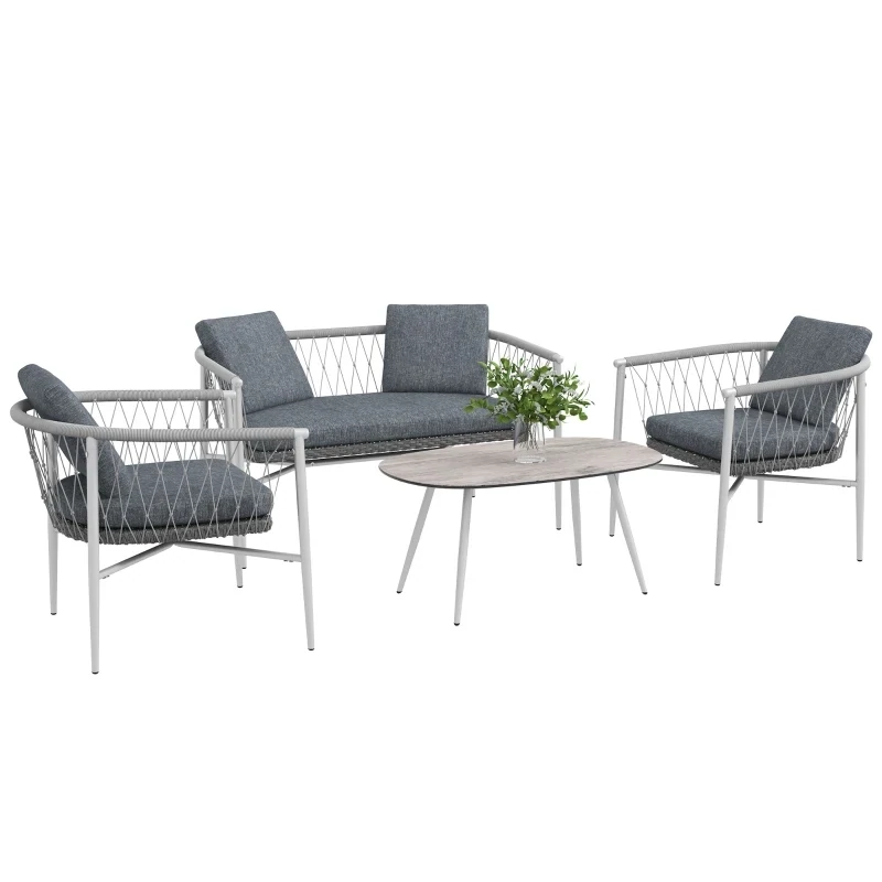 Gartengarnitur, 4-teilig, Schaukelfunktion, Sitzauflagen, Polyrattan, Metallgestell, Grau