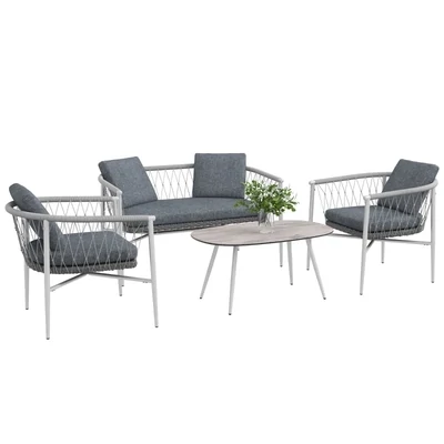 Gartengarnitur, 4-teilig, Schaukelfunktion, Sitzauflagen, Polyrattan, Metallgestell, Grau