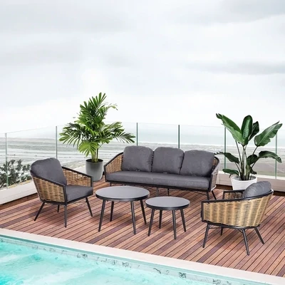 Gartenmöbel-Set aus PE-Rattan, Lounge-Set, 5tlg., Schwarz +Braun + Grau