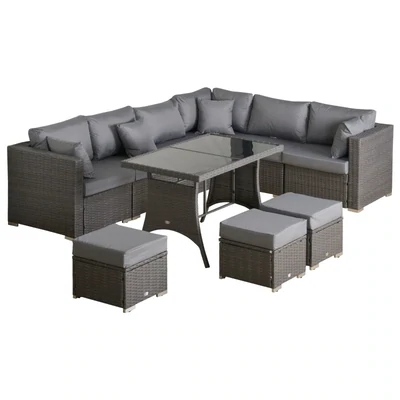 Polyrattan Sitzgarnitur 10 tlg. Sitzgruppe Sofagarnitur Gartenmöbel Set Lounge Stahl Luxus Dunkelgrau