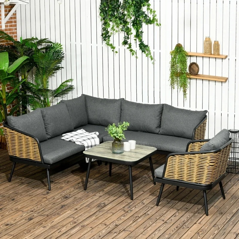 Gartenmöbel-Set für 5 Personen Rattan Sitzgruppe mit Kissen Balkonmöbel Sand