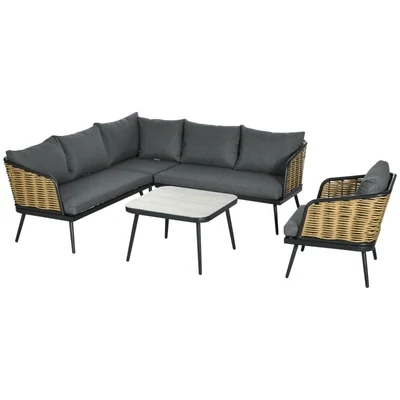 Gartenmöbel-Set für 5 Personen Rattan Sitzgruppe mit Kissen Balkonmöbel Sand