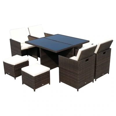 Rattan-Sitzgruppe Essgruppe 21 tlg. mit Kissen Alu Braun