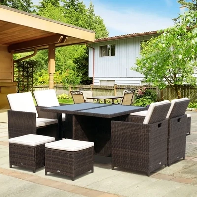 Rattan-Sitzgruppe Essgruppe 21 tlg. mit Kissen Alu Braun