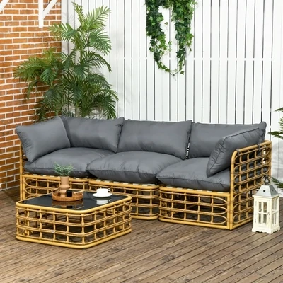 4 tlg. Rattan Gartenmöbel-Set Sitzgruppe mit Kissen für Garten Terrasse