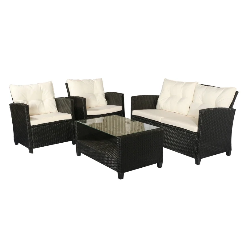 Polyrattan Sitzgarnitur 4 tlg. Sitzgruppe mit Tisch Schwarz
