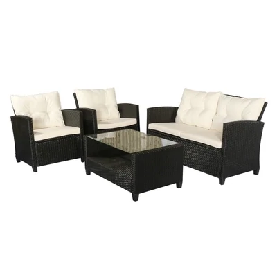 Polyrattan Sitzgarnitur 4 tlg. Sitzgruppe mit Tisch Schwarz