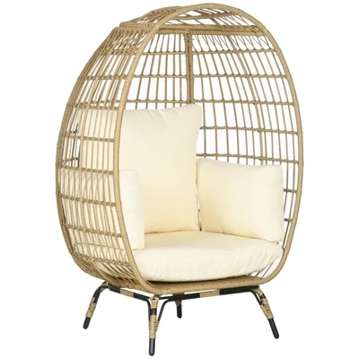 Korbstuhl in Rattanoptik, weiche Sitzkissen, Aluminiumrahmen, khaki+beige