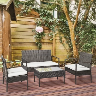Rattan Gartenmöbel Set 4-teilig Braun+Cremeweiss