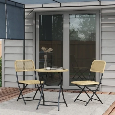 Bistro-Set in Rattanoptik, 2 Stühle mit rundem Tisch, klappbar, Stahlrahmen, Gelb