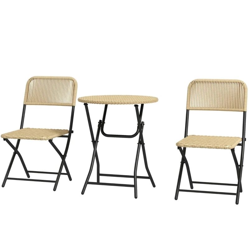 Bistro-Set in Rattanoptik, 2 Stühle mit rundem Tisch, klappbar, Stahlrahmen, Gelb