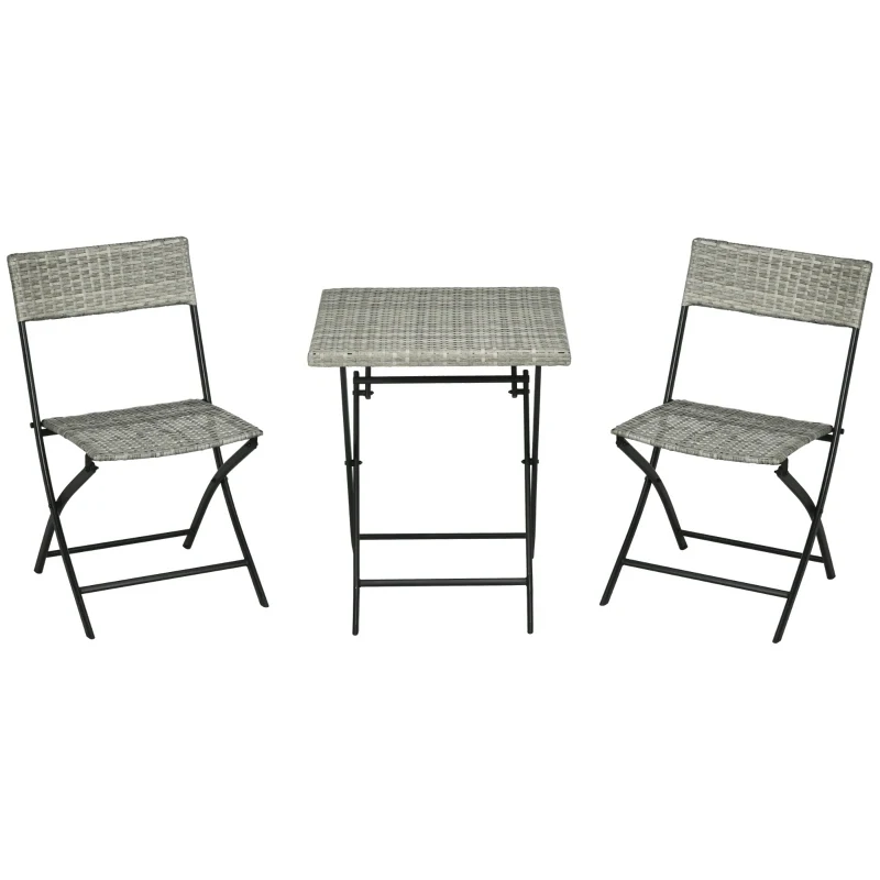3-tlg. Balkon-Set, 2 Klappstühle, 1 Klapptisch, Rattanoptik, Metallrahmen, hellgrau