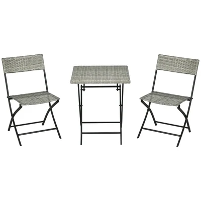 3-tlg. Balkon-Set, 2 Klappstühle, 1 Klapptisch, Rattanoptik, Metallrahmen, hellgrau