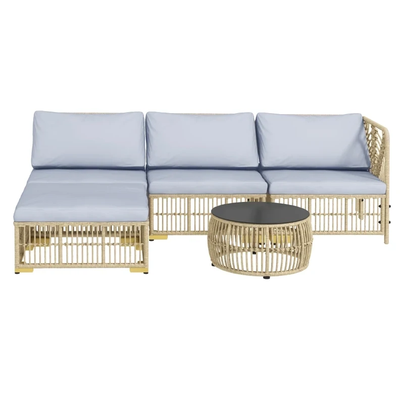 Rattan-Gartengarnitur, 5-teilig, inkl. Sitzkissen, Hellgrau