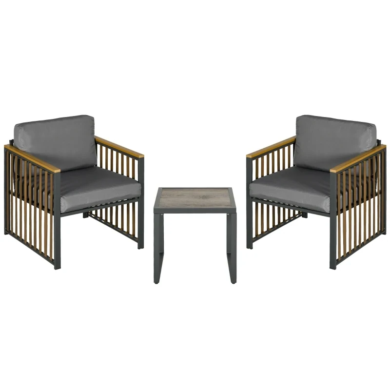 Rattan-Gartengarnitur, 3-teilig, inkl. Sitzkissen, Holzdekor, rostfreier Metallrahmen, Grau