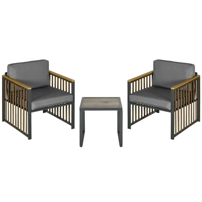 Rattan-Gartengarnitur, 3-teilig, inkl. Sitzkissen, Holzdekor, rostfreier Metallrahmen, Grau