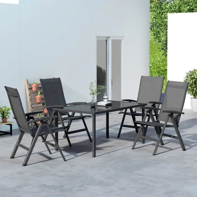 Outdoor Sitzgruppe, 4 klappbare Stühle, Tisch mit Glasplatte, verstellbare Rückenlehne, Aluminium, Dunkelgrau