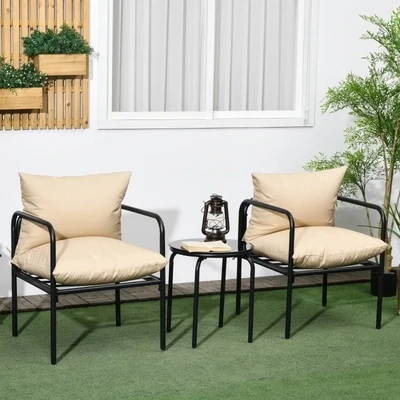 Balkon-Set Sitzgruppe, 3-teilig, 2 Stühle, Tisch mit Glasplatte, Sitzkissen, Metallgestell, Beige