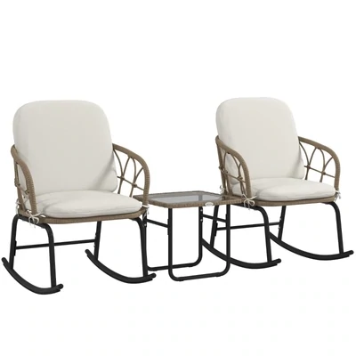 Rattan Schaukelstuhlset Schaukelstühle Bistro-Set, Bohostil, wetterbeständig, Creme