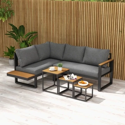 Outdoorsitzgruppe 5-teiliges Loungemöbelset Gartenmöbelset, 148 cm x 61 cm x 71,5 cm, Grau + Natur