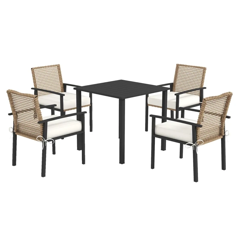 Gartengarnitur, 5-teilig, Tisch, 4 Stühle mit Sitzkissen, Metallrahmen, Rattandekor, Natur