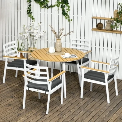Sitzgruppe für 4 Personen, 1 Tisch, 4 Stühle, wetterbeständig, 105 cm x 105 cm x 74 cm, Braun + Weiss + Grau