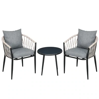 Gartenmöbel Set für 2 Personen inkl. 1 Tisch, 2 Stühlen mit Sitzkissen, Balkon-Set, Stahl, Grau