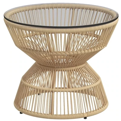 Beistelltisch Gartentisch mit Glasplatte, PE-Rattan, 60 cm x 60 cm x 50 cm, Natur