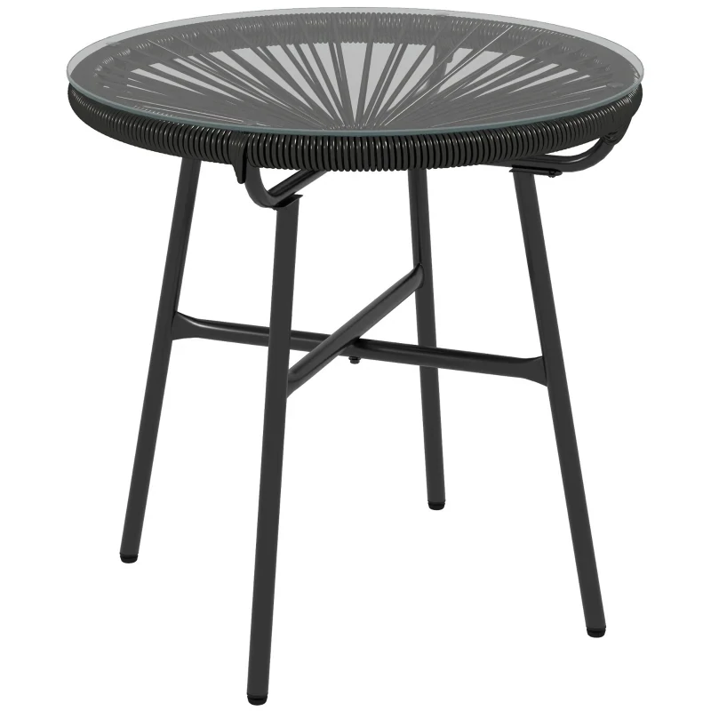 Gartentisch Boho-Stil Outdoor Beistelltisch, PE-Rattan, gehärtetes Glas, wetterbeständig, 50 cm x 50 cm x 50 cm, Schwarz