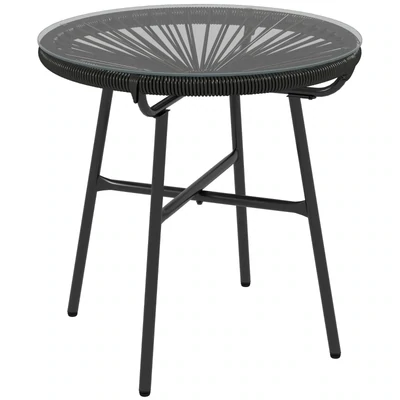 Gartentisch Boho-Stil Outdoor Beistelltisch, PE-Rattan, gehärtetes Glas, wetterbeständig, 50 cm x 50 cm x 50 cm, Schwarz