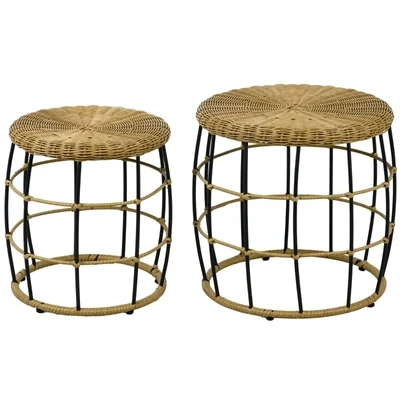 2er-Set Rattan-Gartentische Balkontische, Boho-Stil, wetterbeständig, Schwarz + Khaki