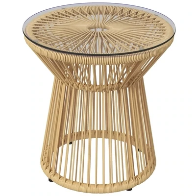 Outdoor-Beistelltisch Gartentisch Rattan-Beistelltisch, Glasplatte, 40 cm x 40 cm x 42 cm Beige