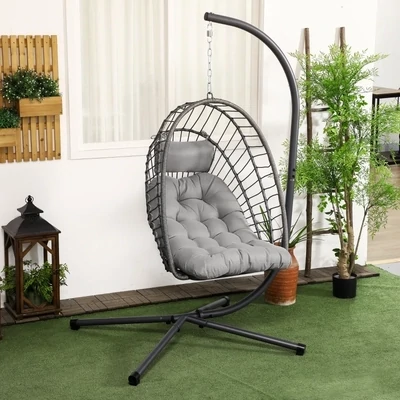 Hängesessel Korbsessel Loungesessel, wetterbeständig, 1 Polster, 100 cm x 131 cm x 194 cm, Hellgrau
