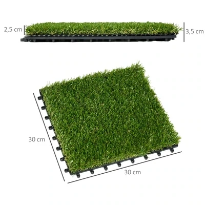 10-er Set Kunstrasen, 10-er Set je 30x30cm, Grün naturgetreu, Drainagefunktion, 11 K Fasern/m², 25mm