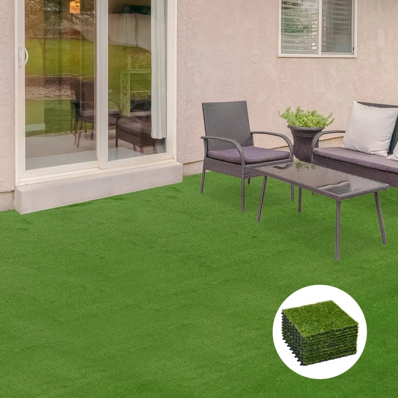 10-er Set je 30x30cm Kunstrasen, naturgetreu, Drainagefunktion, 6,5 K Fasern/m², 25mm Höhe, Grün