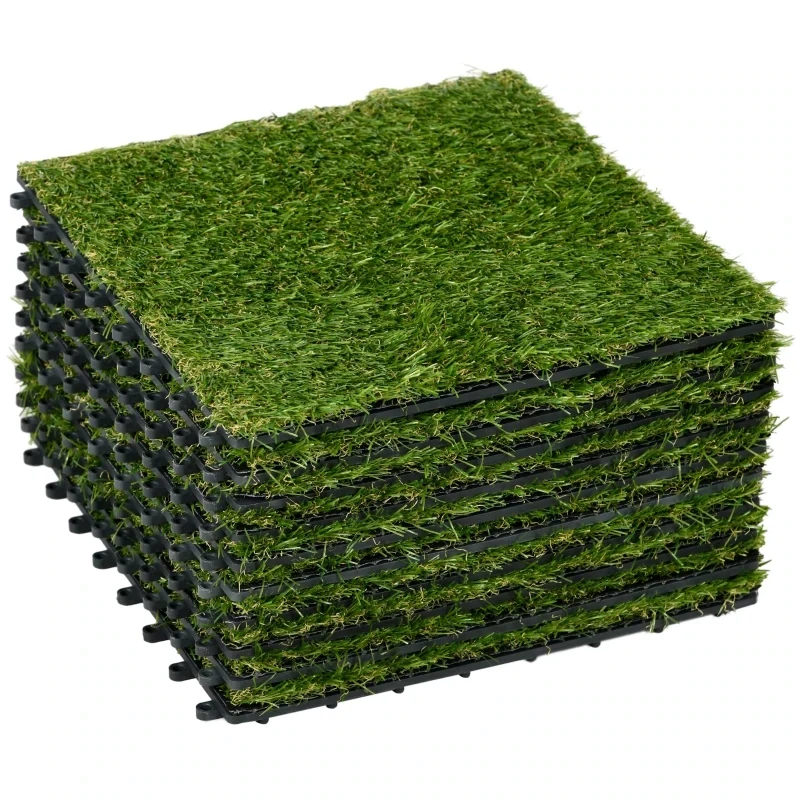 10-er Set je 30x30cm Kunstrasen, naturgetreu, Drainagefunktion, 6,5 K Fasern/m², 25mm Höhe, Grün